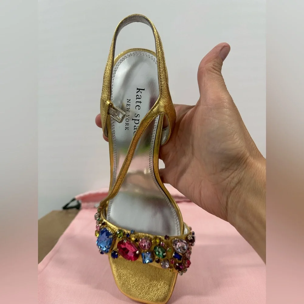 kate spade Gold Jeweled T-Strap Heels “treasure” Brand New Without Box
